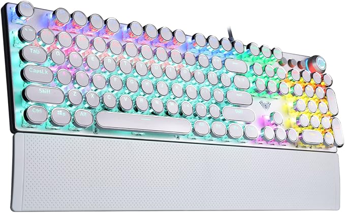 AULA F2088 Typewriter Mechanical Keyboard, White Retro Wired Gaming Keyboard with Blue Switches, Rainbow Backlit, Round Keycaps, Media Knob & Removable Wrist Rest by AULA