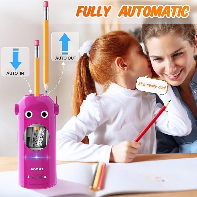 AFMAT Electric Pencil Sharpener for Colored Pencils 7-11.5mm, Fully Automatic Robot Pencil Sharpener, Auto in & Out, Rechargeable Hands-Free for Classroom/Home/Office, Battery Operated, PSX5RB, Pink - Image 2