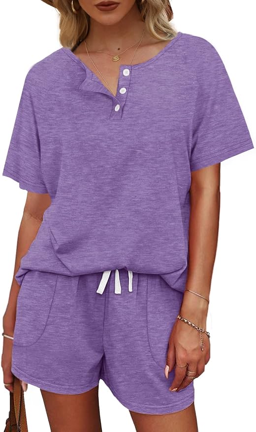 WIHOLL Two Piece Outfits for Women Lounge Sets Button Down Top and Shorts Set Sweatsuits with Pockets - Image 2
