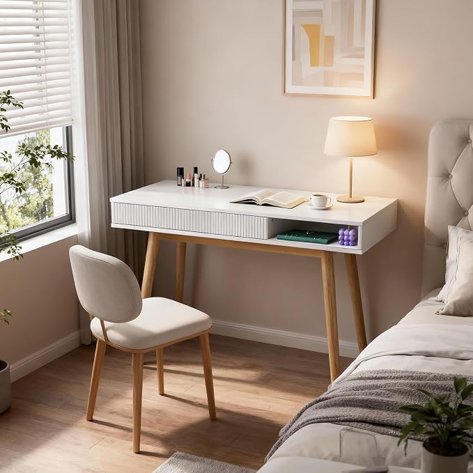 White Writing Desk with Storage, Mid Century Modern Desk for Small Spaces | 42.5-Inch Desktop, Soild Wood Legs, Hidden Drawer & Open Cubby Storage, Built-in Cable Management for a Clean Workspace - Image 6
