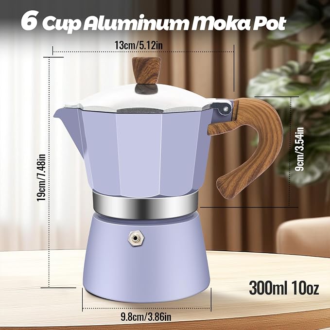 6 Cup Aluminum Moka Pot Classic Stovetop Espresso Coffee Maker 300ml 10oz Coffeemaker Percolator Mocha Pot Greca Coffee Maker Cafe Makers for Italian and Cuban Café Brewing Purple - Image 2