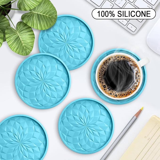 ME.FAN Silicone Coasters with Holder,[6 Pack] Drinking Coasters - Cup Mat for Hot or Cold Drinks, Thickened, Non-Slip, Non-stick,Deep Tray Sky Blue - Image 2