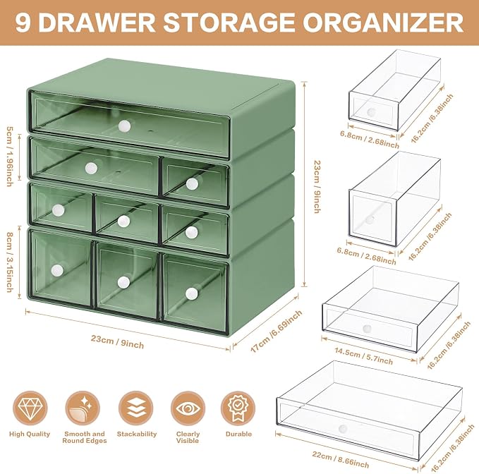 Desk Storage Organizer with 9 Drawers, 4 Tiers Stackable Desktop Craft Storage Drawers, Clear Storage Box Caddy for Stationary Makeup Jewelry Office Craft Supplies (Green) - Image 3