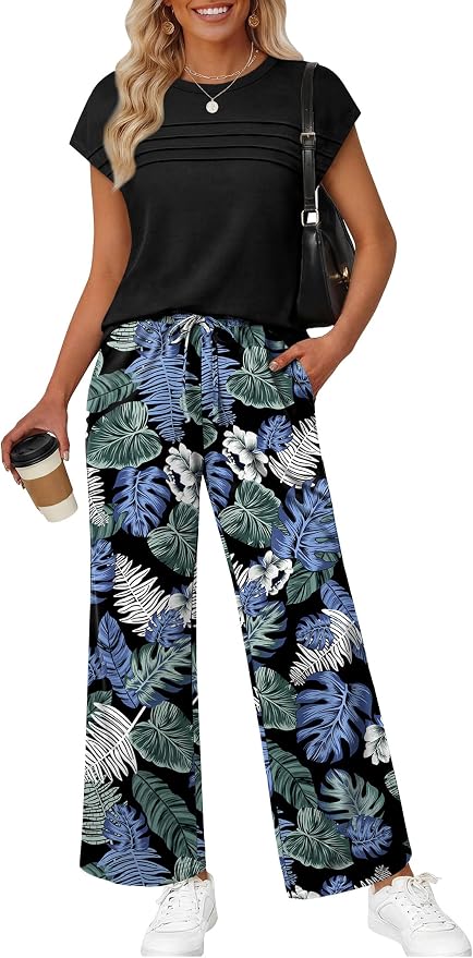 WIHOLL Two Piece Set for Women Summer Spring Outfits Matching Sets Women Clothing Airport Travel Vacation Wide Leg Pants by WIHOLL