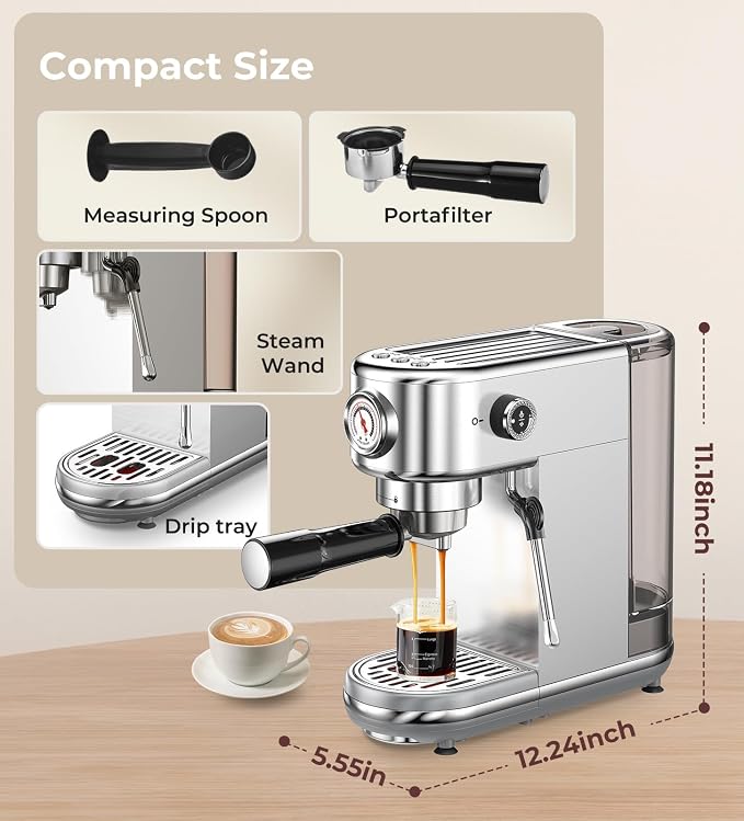atatix Espresso Machine with Milk Frother, 20 Bar Pressure Espresso Maker | with 44OZ Removable Tank, Compact Stainless Steel Coffee Machine for Home, Office, Latte, Cappuccino, Macchiato, Silver - Image 3
