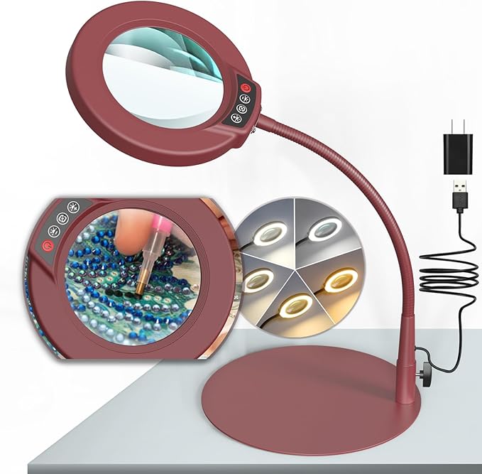 10X Magnifying Glass with Light and Stand, 5 Color Modes Stepless Dimmable LED Lighted Desk Lamp, Hands Free Flexible Gooseneck Magnifier with Light for Craft Hobby Painting Close Work - Red by KRSTLV