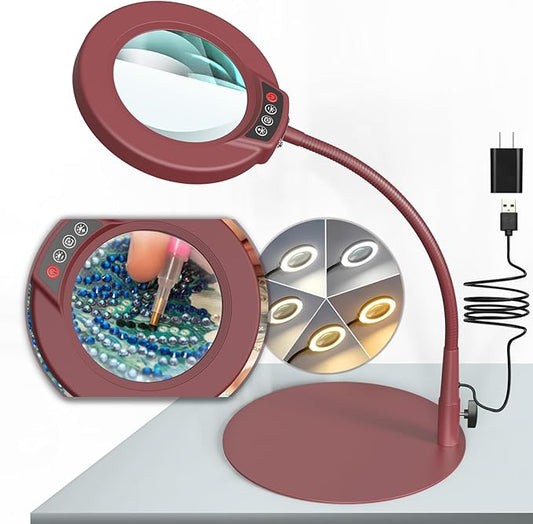 10X Magnifying Glass with Light and Stand, 5 Color Modes Stepless Dimmable LED Lighted Desk Lamp, Hands Free Flexible Gooseneck Magnifier with Light for Craft Hobby Painting Close Work - Red by KRSTLV