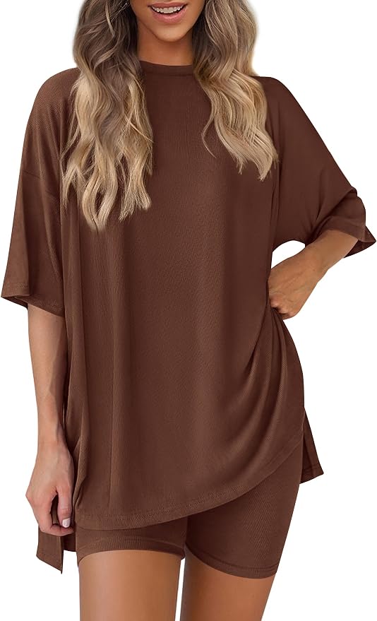 PRETTYGARDEN Women 2 Piece Lounge Set 2026 Summer Casual Oversized Shirts Biker Shorts Matching Airport Travel Outfit Clothes by PRETTYGARDEN