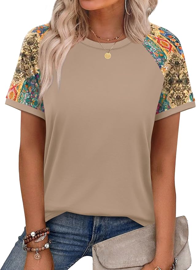 WIHOLL Womens Summer Tops Color Block Short Sleeve Raglan Shirts Spring Fashion Clothes Vacation Outfits - Image 2