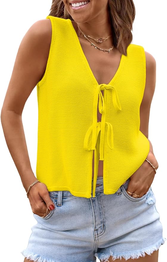 LILLUSORY Womens Tie Front Tops Vacation Sweater Vest | Bohemian Style, Beach Resort Wear, Concert Western Outfits, Crochet Tops, Vacation Outfits, Cute Y2k Sleeveless 2026 by Lillusory