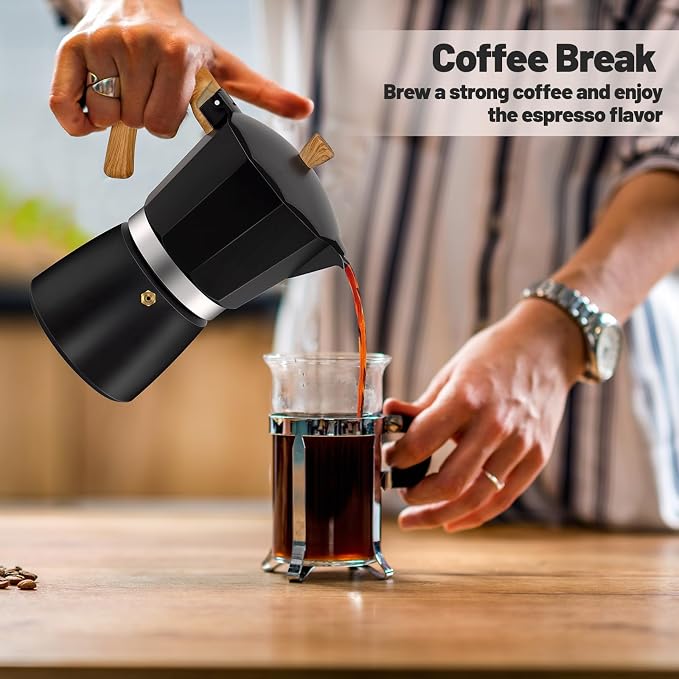 6 Cup Aluminum Moka Pot Classic Stovetop Espresso Coffee Maker 300ml 10oz Coffeemaker Percolator Mocha Pot Greca Coffee Maker Cafe Makers for Italian and Cuban Café Brewing Black - Image 9