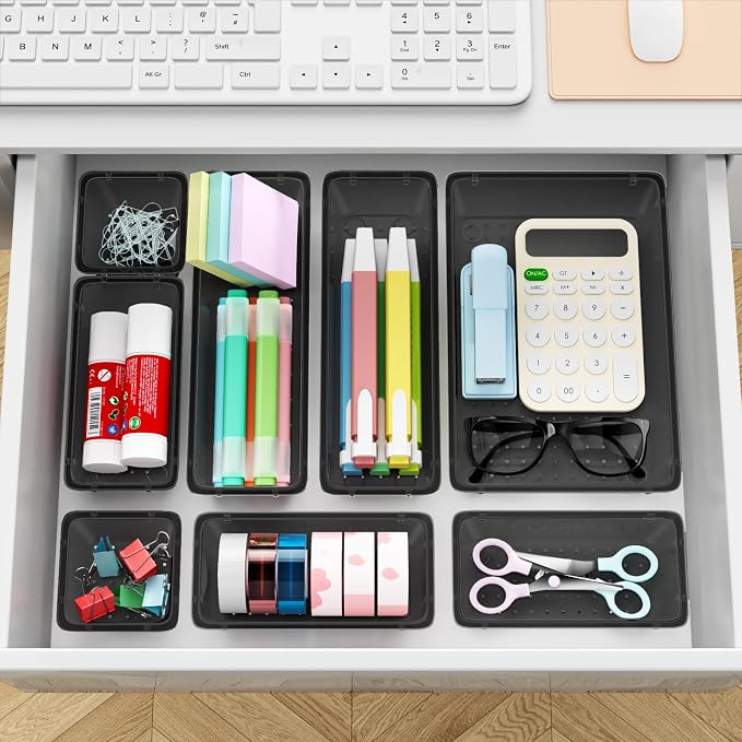 12 PCS Drawer Organizer Set, Makeup Organizers, Tool Storage Trays, Black | 4 Sizes, Plastic, Stackable, Multiple Gadgets, Desk Drawer Divider Organizers, for Makeup, Office Supplies Storage - Image 5