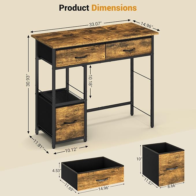 3IngSeagulls 33 Inch Small Computer Desk with Fabric Drawers, Home Office Desk with Storage Shelf, Compact Desks for Small Spaces, Teen Study Table for Bedroom, Rustic Brown - Image 2