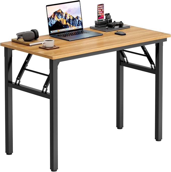 Need Office Computer Desk 35.8 Inch Sturdy Folding Laptop Table Teak | Black Frame Writing Gaming Work Table/Foldable Home Office Desk/Sewing Table, No Assembly Required by Need