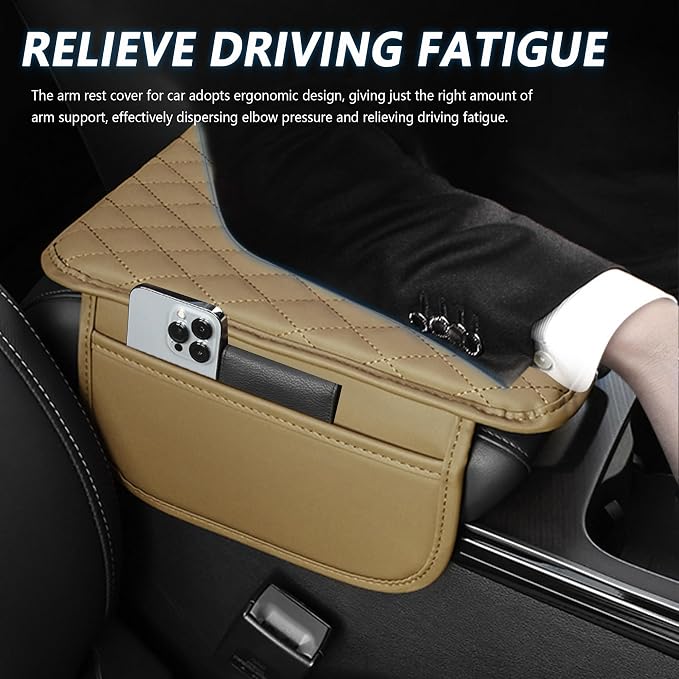 Stacool Upgraded Car Center Console Cover,Microfiber Leather Car Armrest Cover Cushion with 2 Storage Bags,Universal Car Armrest Storage Box (Beige) - Image 4