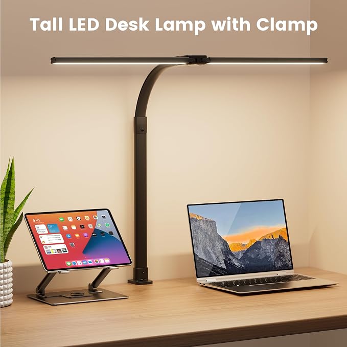 LED Desk Lamp for Home Office, 24W Computer Desk Light with Remote Control, Bright Table Lamp with Clamp Dimmable Tall Desktop Lighting with Bendable Gooseneck, Double Head, Black - Image 2