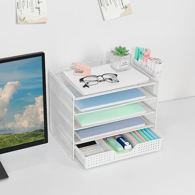 LEKETREE Desk Organizer and Accessories, 5-Tier Paper Letter Tray Organizer with Drawer & 2 Pen Holders for Desktop File Organization, Office Desk Accessories for Supplies Storage (White) - Image 4