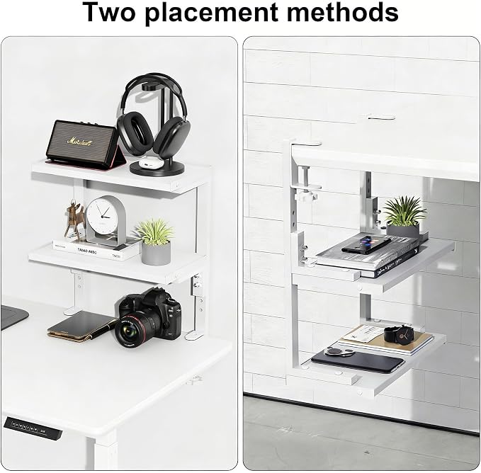Spacrea Clamp on Desk Shelf, 2 Tier Office Desk Shelves Organizer, Wood Desktop Supplies Storage Rack, Desk Organizers and Accessories (White) - Image 5