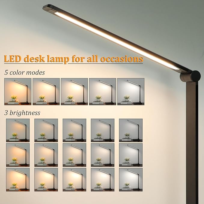 LED Desk Lamp with USB Ports,Touch Desk Lamps for Home Office with 5 Modes | 3 Brightness Desk Light with Small Night Light,Reading Lamp Table Lamp for Bedroom Bedside Study Black （with adapter） - Image 2