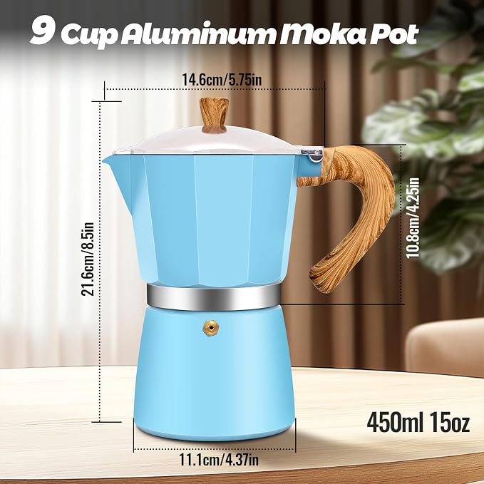 9 Cup Aluminum Moka Pot Classic Stovetop Espresso Coffee Maker 450ml 15oz Coffeemaker Percolator Mocha Pot Greca Coffee Maker Cafe Makers for Italian and Cuban Café Brewing Blue - Image 2