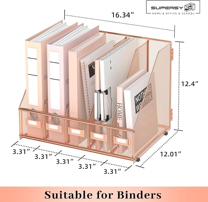 SUPEASY Desk Organizers Metal Desk Magazine File Holder with 5 Vertical Compartments Rack File Organizer for Office Desktop, Home Workspace, Rose Gold, Plus - Image 3