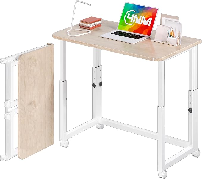 4NM No Tool Assembly 31.5" Small Desk, Folding Portable Desk with Wheels, Adjustable Height Foldable Computer Home Office Desks, Collapsible Study Writing Table for Space Saving Bedroom - Cloud Oak by 4NM