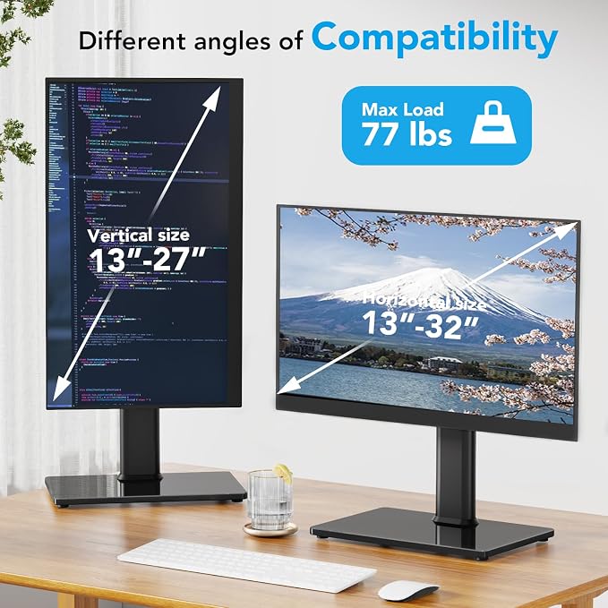 AX WABER Single Monitor Desk Stand Free-Standing Desk Mount Arm Riser for 13 inch to 32 inch Screen Freestanding VESA Mount Base, Adjustable Height, Tilt, Swivel, Rotation, Black AX05TB01 - Image 8