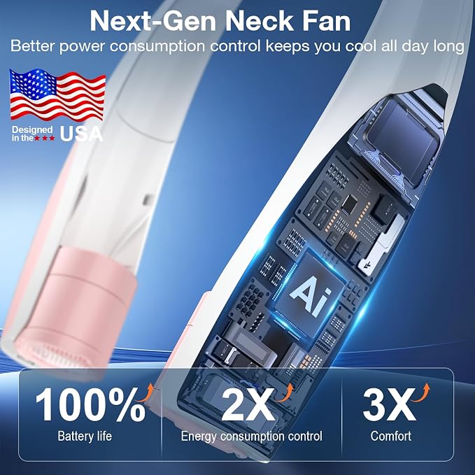 Portable Neck Fan, 6 Speeds Rechargeable Personal Fan with AI Chips, Hands-Free 360° Faster Cooling Wearable Fan, Ultra Quiet for Home, Office, Travel, Indoor, Outdoor - Pink - Image 3