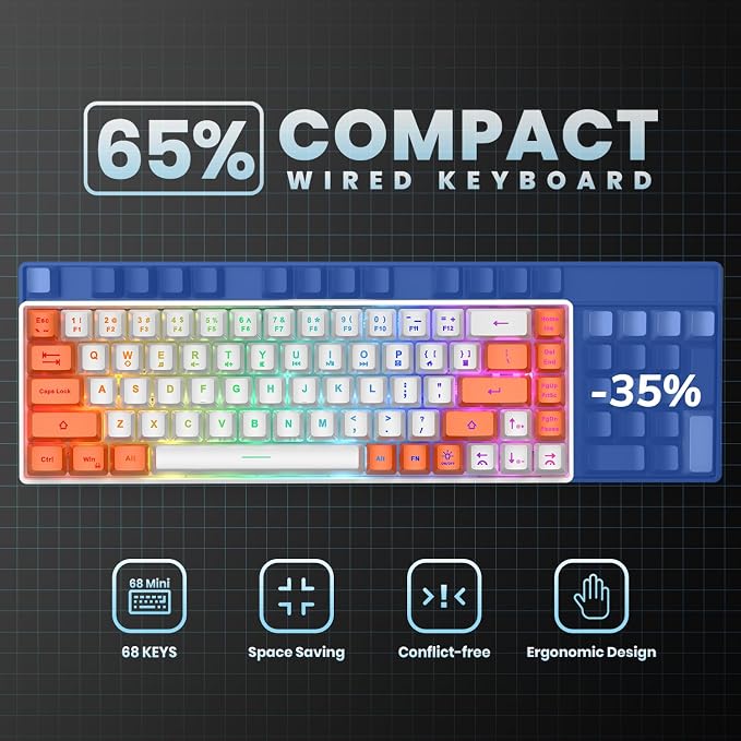 GEODMAER 65% Gaming Keyboard, LED Backlit Mini Wired Keyboard, Ultra-Compact Anti-Ghosting No-Conflict 68 Keys Membrane Gaming Wired Keyboard for PC Laptop Windows Gamer(White-Orange) - Image 4