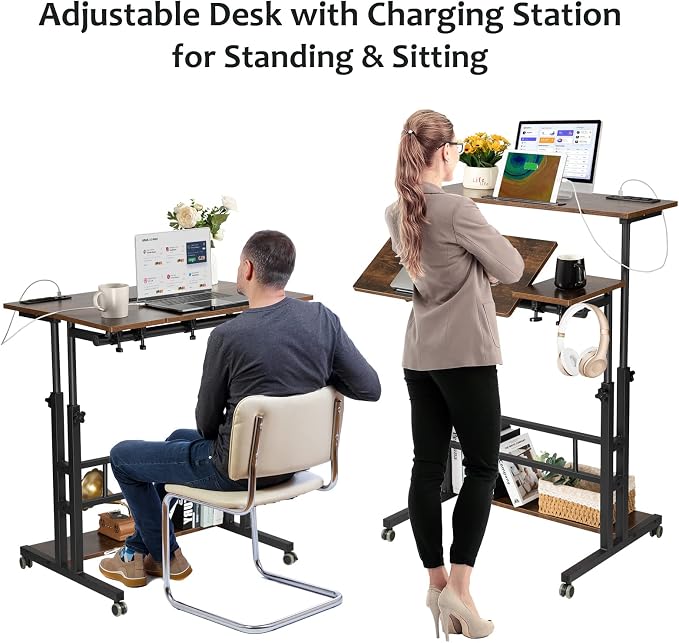 Hadulcet Mobile Standing Desk Adjustable Height, Rolling Desk Stand Up Desk, Mobile Laptop Desk, Rolling Computer Desk with Charging Station, Portable Desk with Wheels, Rustic Brown - Image 7