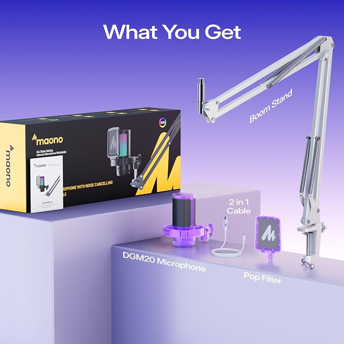 MAONO DGM20S USB Microphone for PC with Clear Voice & Noise Reduction | RGB Lighting, Tap-to-Mute, Gain Control, Monitoring and Boom Arm for Discord Gaming, Streaming, Content Creation.Purple - Image 9