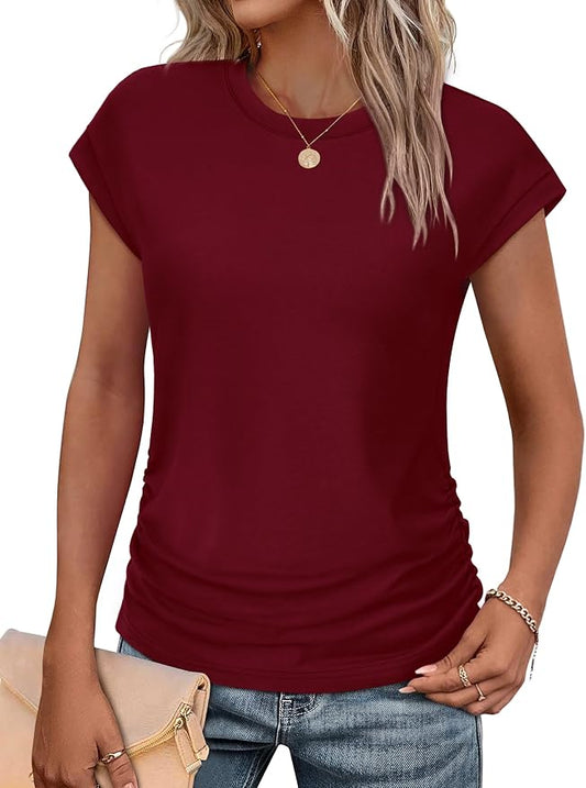 Sampeel Womens Summer Tops Trendy 2026 Ruched Cap Short Sleeve Tshirts Shirts Crew Neck T Shirts Fashion by SAMPEEL