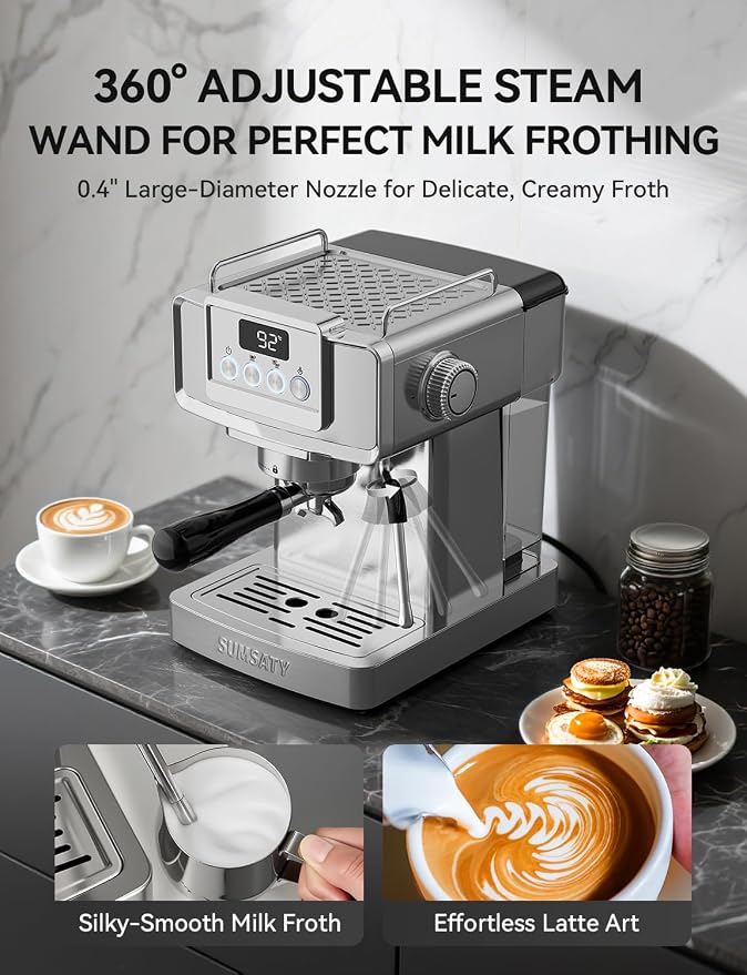 SUMSATY 20 Bar Espresso Machine Stainless Steel with Powerful Milk Frother | LED Display Espresso Coffee Machine 1350W Fast Heating Home Barista to Make Latte Cappuccino, Pre-Infusion, 61oz Water Tank - Image 5