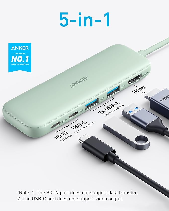 Anker USB C Hub, 5-in-1 USBC to HDMI Splitter with 4K Display | 85W Max PD, 1 Powered USB-C 5Gbps & 2 Powered USB-A 3.0 5Gbps Data Ports, for MacBook Pro, MacBook Air, Dell and More (Green) - Image 2