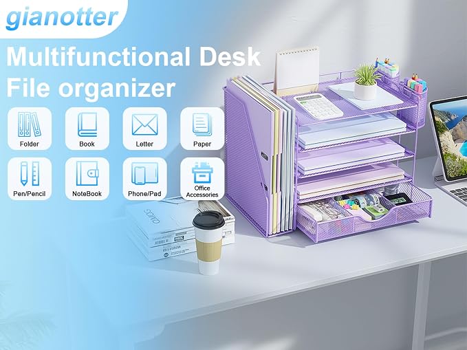 gianotter 5-Tier Desk Organizer with Drawers and File Holders | Letter Trays and Pen Holders - Workspace Accessories for Office Supplies (Light Purple) - Image 7