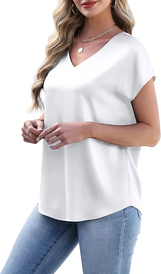 WIHOLL Womens Satin Summer Tops Cap Short Sleeve Blouses V Neck Shirts Business Casual Outfits Fashion Clothing 2026 - Image 3