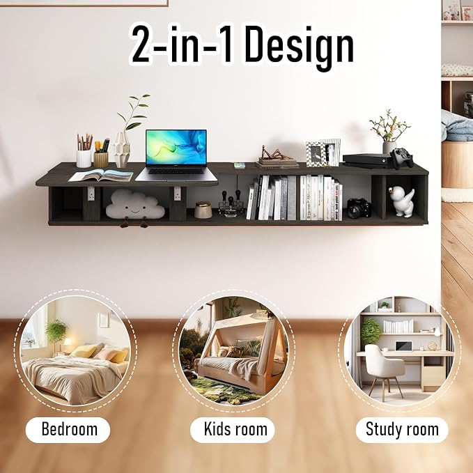 Pmnianhua 63'' Floating Desk with Storage Shelves,Wall Mounted Desk Laptop Computer Writing Study Table for Bedroom Small Space(Dark Grey) - Image 4