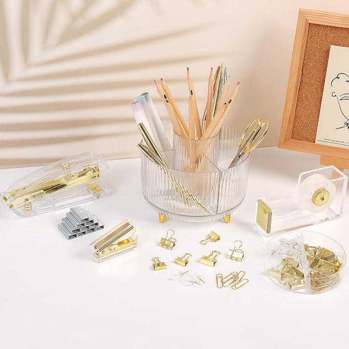 SKYDUE Gold Office Supplies Set, Pencil Holder for Desk,Gel Pen, Stapler, Tape Dispenser, Scissors,Clips and 1000pcs Staples, Office Decor for Women, Gold Desk Accessories - Image 6