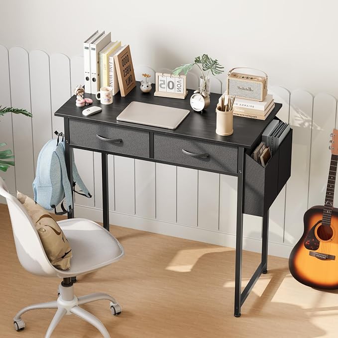 DUMOS 32" Home Office Computer Desk with Drawers, Small Gaming Writing Study Table with Storage Side Bag, Headphone Hook and Adjustable Feet for Bedroom Black | Home Office Desk for Bedroom, Gaming Writing Study Desk with Adjustable Feet - Image 4