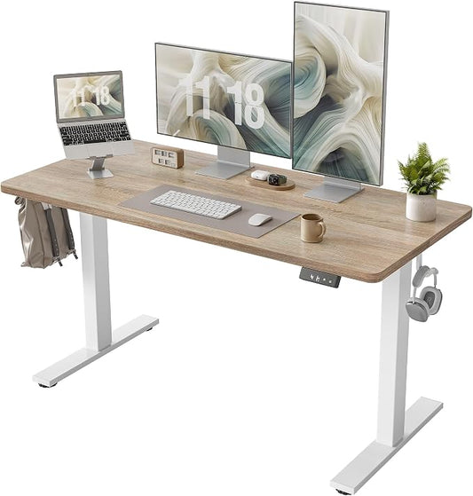 TIQLAB Height Adjustable Electric Standing Desk, 55 x 24 inch, Sit Stand Up Desk, Splice Board, Computer Home Office Desk, White Frame/Maple Top by TIQLAB