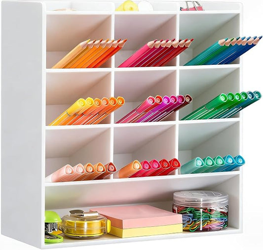 BEYGORM Acrylic Vertical Marker Organizer for 150 Markers, Desk Orgaizer | 13 Compartments Clear Angled Pen & Pencil Holder, Large Stationery & Art Supply Storage for School (10.2 x 9.8 x 4 Inch) by BEYGORM