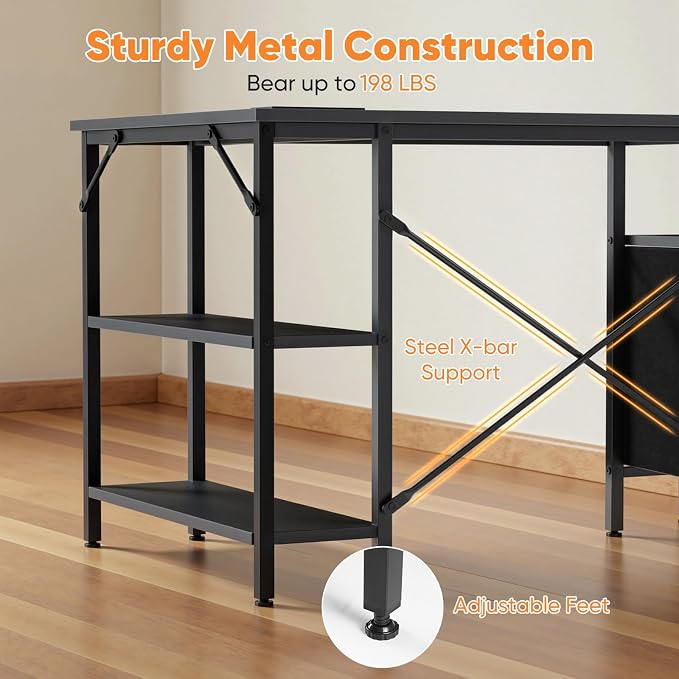 DUMOS L Shaped Desk with Drawers, Gaming Desk, 47 Inch | Power Outlet, Study Table, Adjustable Shelves, Home Office, Corner Computer Workstation, Bedroom, Black - Image 7