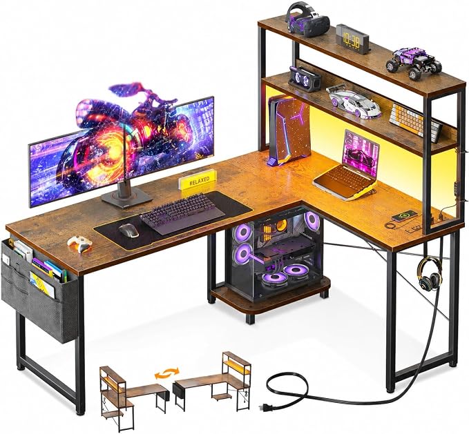 ODK 53" L Shaped Gaming Desk with Shelves, LED & Outlets, Vintage | Headset hook. Storage bag. Shelves for stationery & accessories. LED for late-night gaming. Reversible. Fits dual monitors. by ODK