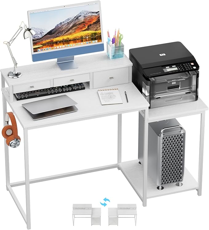 SINPAID 47 inch Computer Desk with Printer Shelf, Gaming Desk with Monitor Stand and Drawers, Reversible Home Office Desk with Storage Shelves and 2 Hooks, Home Workstation for Study Writing, White by SINPAID