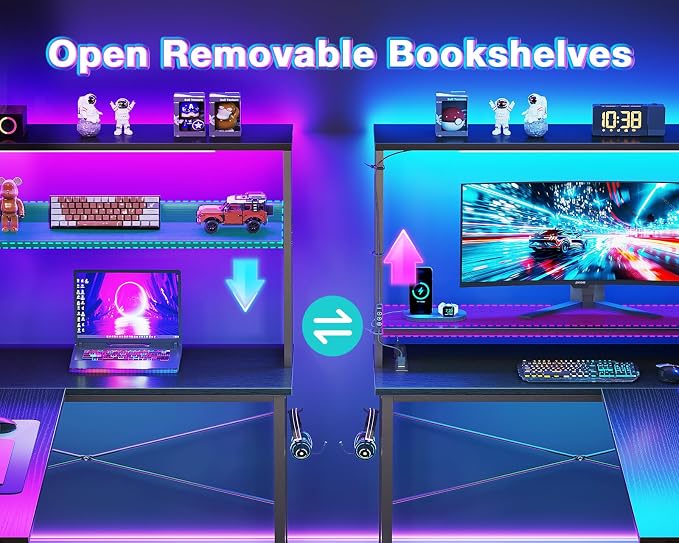 AODK L Shaped Desk Gaming Desk with LED Light & Power Outlet | 61 Inch Black Reversible L Shaped Computer Table with Shelf & Storage Bag & Hook for Home Office - Image 7