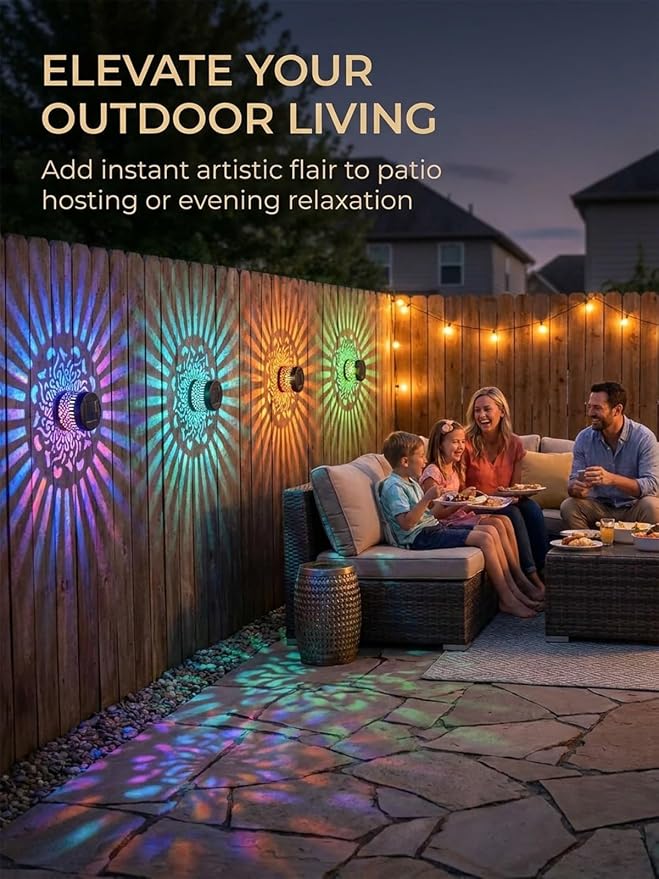Solar Mandala Lights Outdoor Wall Projector Metal 7 Color Changing IP65 Waterproof Decorative Mounted Wireless Night Lighting for Yard Patio Fence Deck Pathway Garden Decor and Holiday Gifts - Image 4