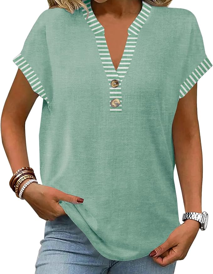 Womens Henley Summer Tops V Neck Button Dressy Casual T Shirts Blouses | Breathable, V-Neck Button, Striped, Loose Fit, Business Casual, Office, Vacation, Spring Summer Tops, Basic Shirts by ETCYYNEW