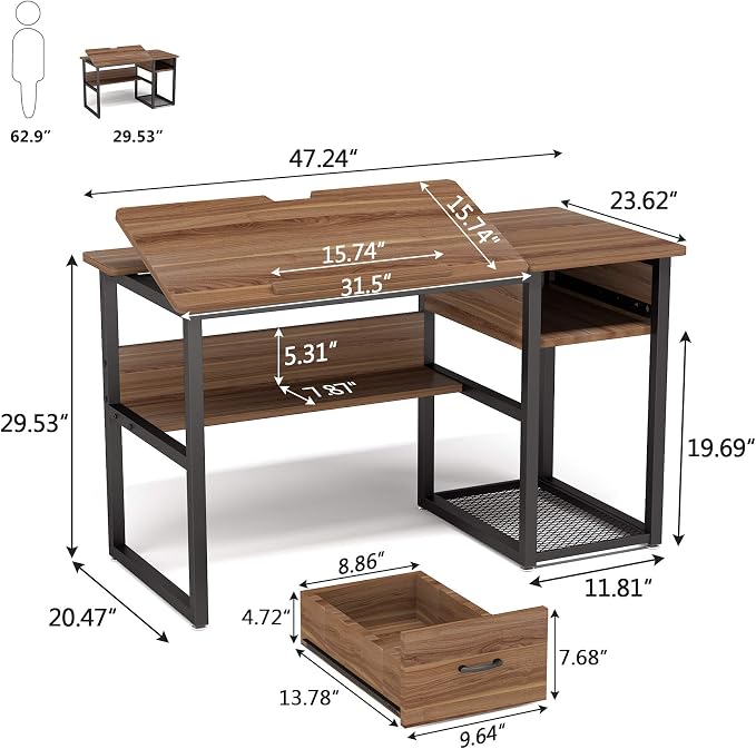 Tribesigns Drafting Table with Storage Drawers, Drawing Computer Desk Artist Craft Table Painting Desk Workstation with Shelves and Tiltable Tabletop for Students, Home Office - Image 3