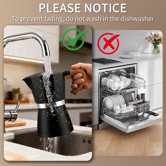 Mongdio Stovetop Espresso Maker Moka Pot, Cuban Coffee Maker Stove top coffee maker Moka Italian Espresso Greca Coffee Maker Brewer Percolator, 6 Espresso Cups, 10 oz - Black - Image 7