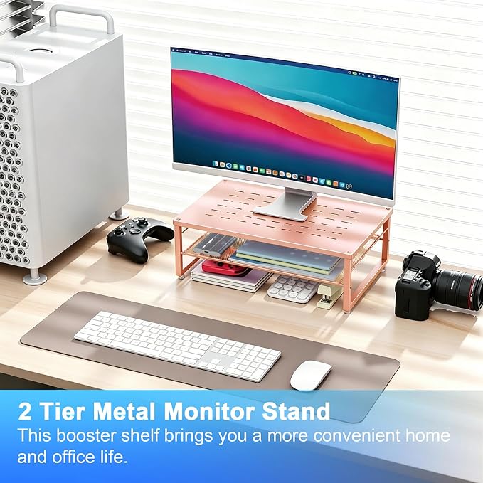 gianotter 2-Tier Metal Monitor Stand Riser, Desk Organizer for Monitor, Office Desk Storage Organizer for Office Supplies (Rose Gold) - Image 2